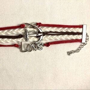 Anchor Love Braided PU Leather Wrap Charm Bracelet Red White